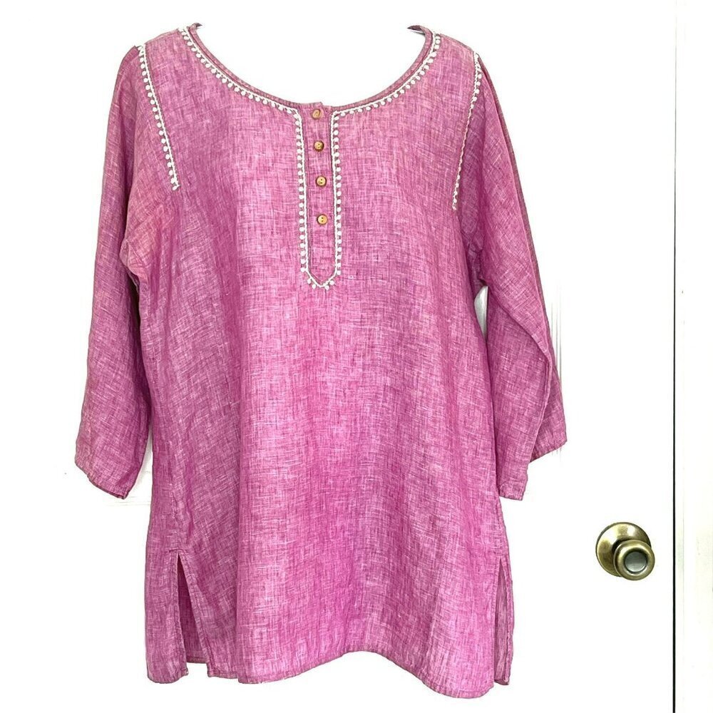 Ediie Bauer 100% Linen Tunic Top Womens sz L Embroidered Boho Langenlook Beachy